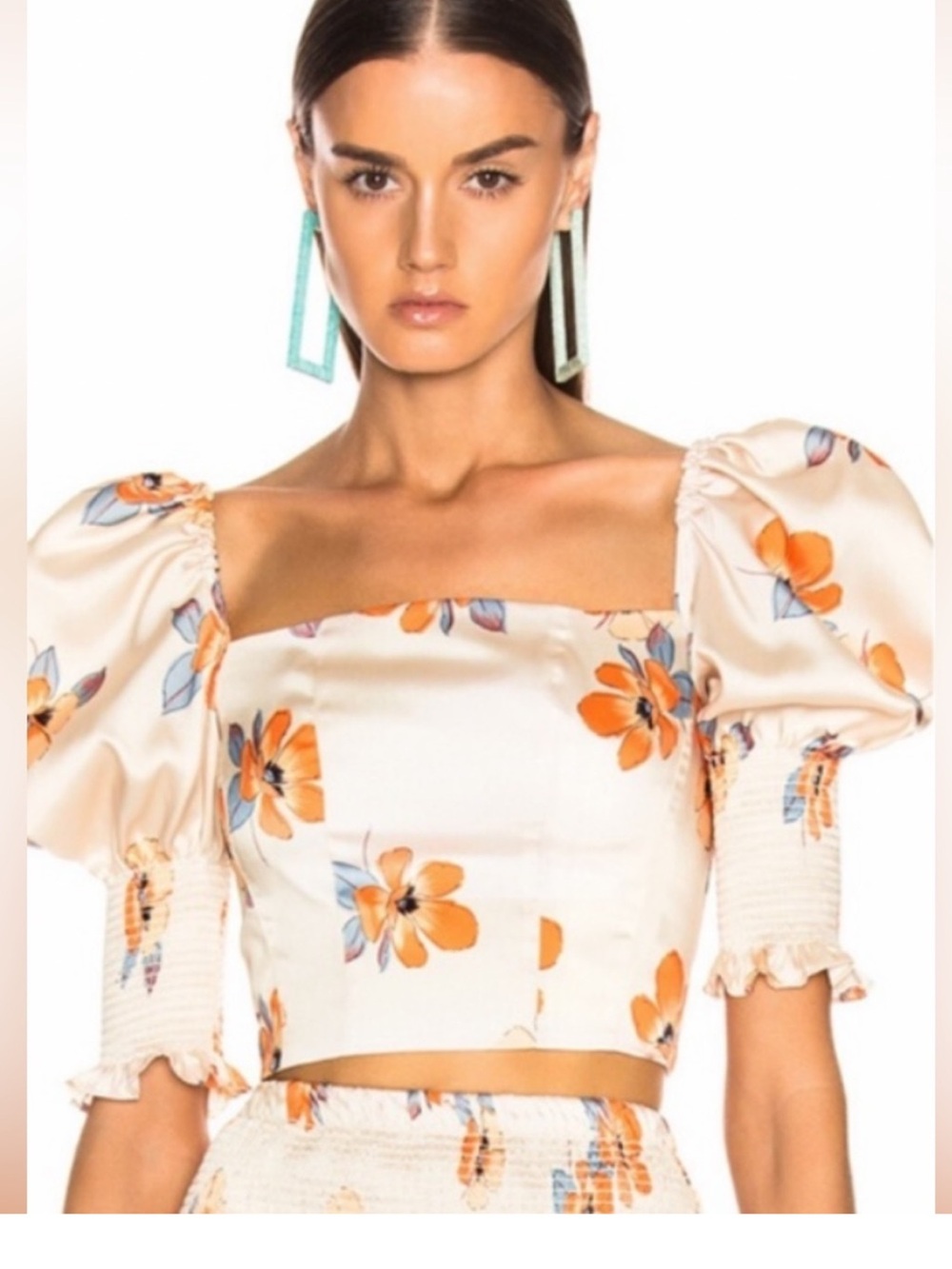 Nicholas Floral Off-Shoulder Puff Sleeve Crop Top in Beige and Orange